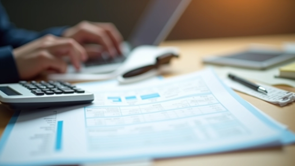 Factures d'énergie et documents de gestion budgétaire étalés sur un bureau moderne avec calculatrice