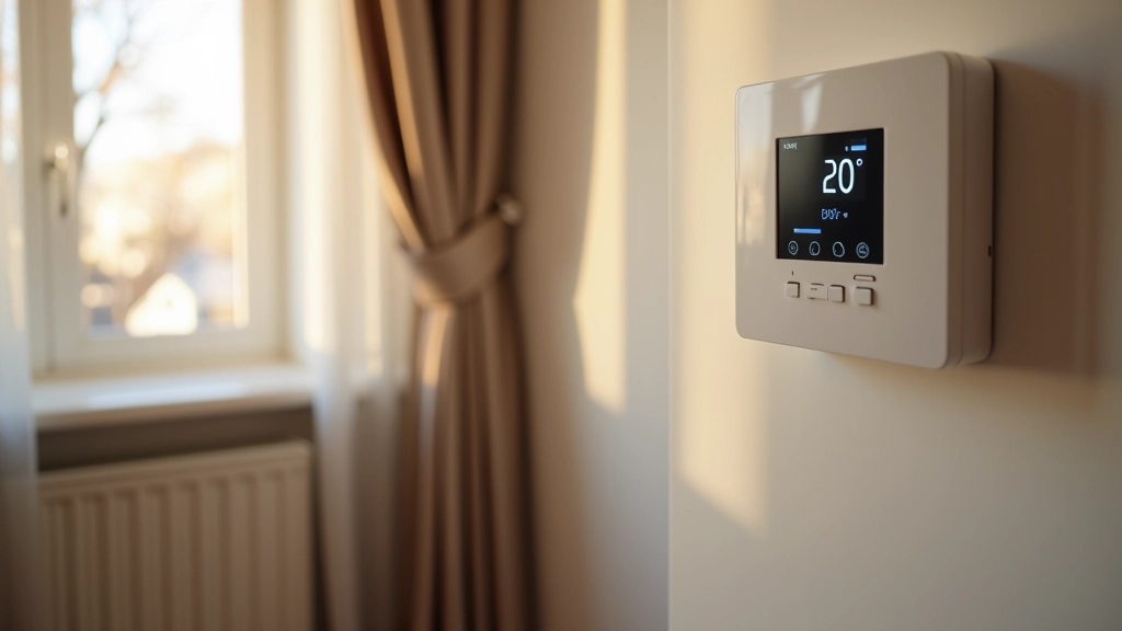 Intérieur moderne montrant radiateur, thermostat numérique et rideaux fermés en hiver