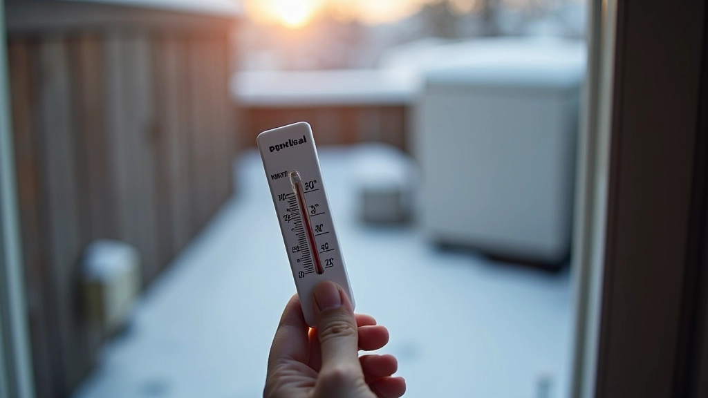 Thermomètre extérieur montrant des températures hivernales avec radiateur visible en arrière-plan