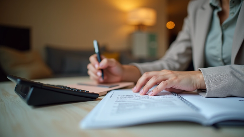 Personne écrivant son budget sur un carnet avec calculatrice et relevé facture à côté